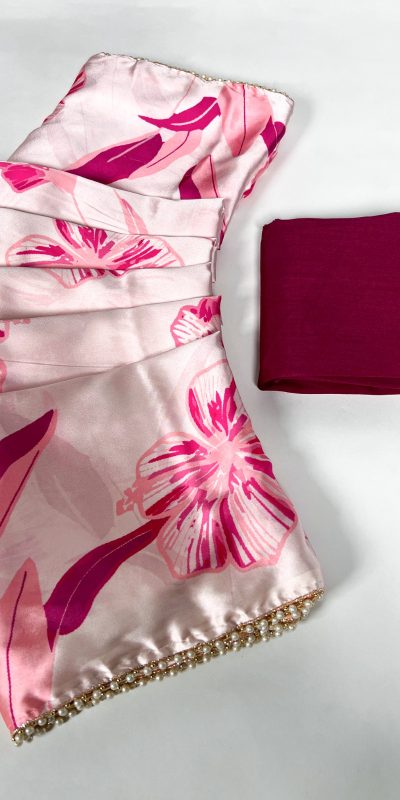 Nice Light Pink Color Satin Silk Floral Printed Lace Border Saree