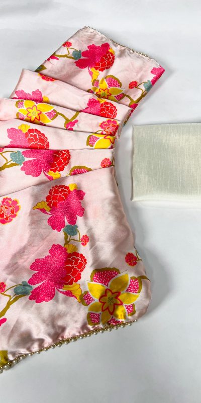 Nice Peach Color Satin Silk Floral Printed Lace Border Work Saree