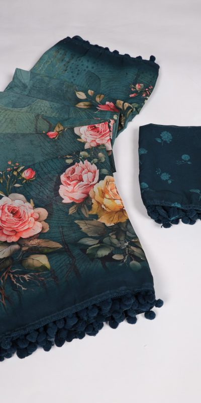 Nice Teal Color Georgette Floral Printed Work Saree