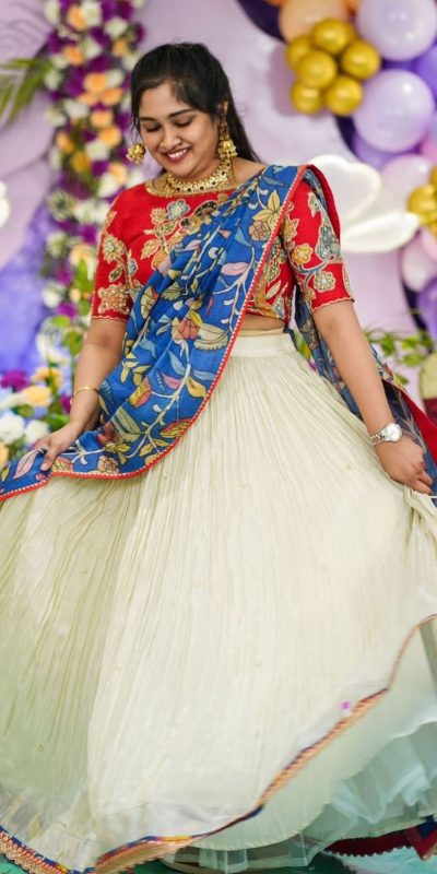 Nice White Chant Crepe Kalamkari Printed Diamond Lehenga Choli