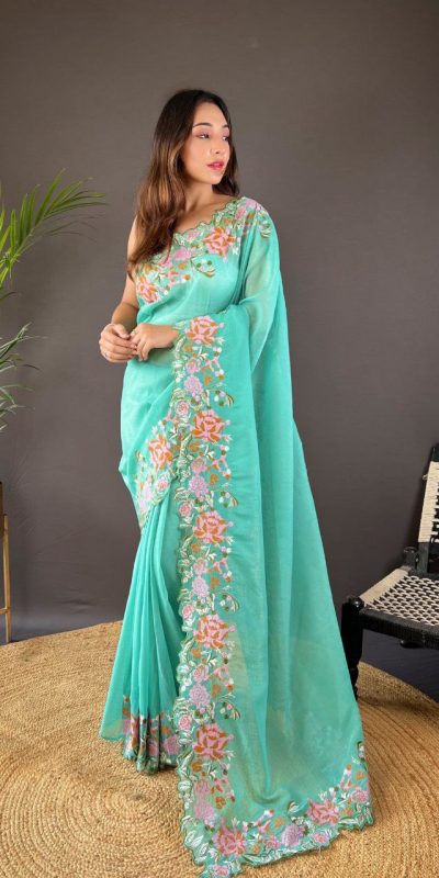 Peaceful Firozi Color Soft Glossy Silk Embroidery Saree