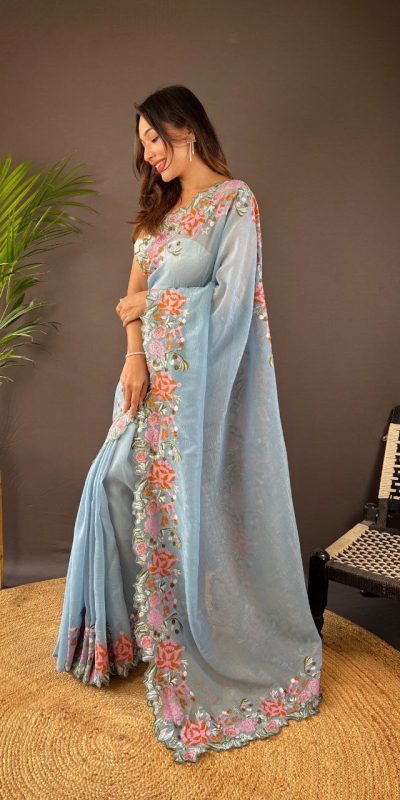 Peaceful Light Blue Color Soft Glossy Silk Embroidery Saree