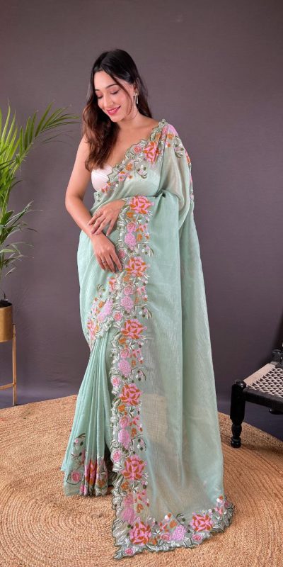 Peaceful Light Green Color Soft Glossy Silk Embroidery Saree