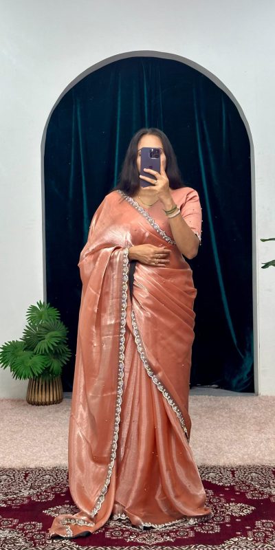 Peaceful Onion Color Burberry Blooming Embroidery Zari Saree