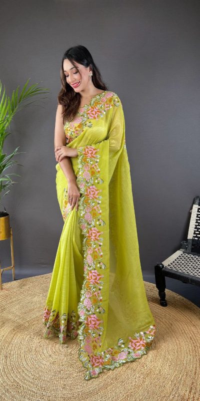 Peaceful Parrot Green Color Soft Glossy Silk Embroidery Saree