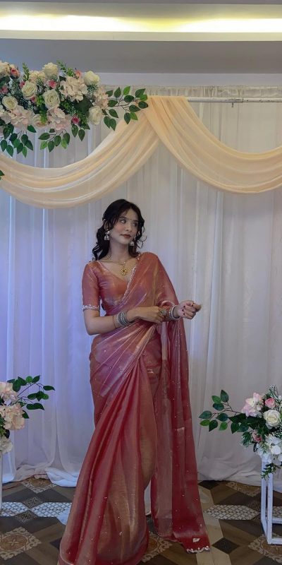 Peaceful Peach Color Burberry Blooming Embroidery Zari Saree