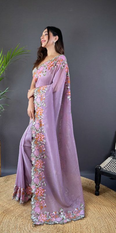 Peaceful Purple Color Soft Glossy Silk Embroidery Saree