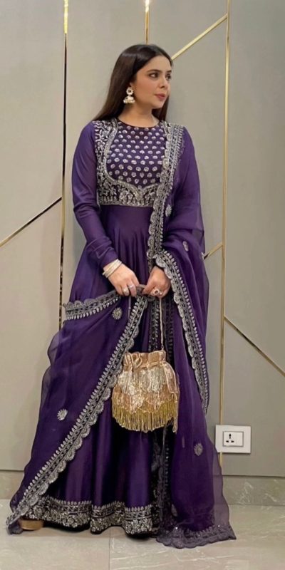 Peaceful Violate Color Georgette Embroidery Sequence Gown