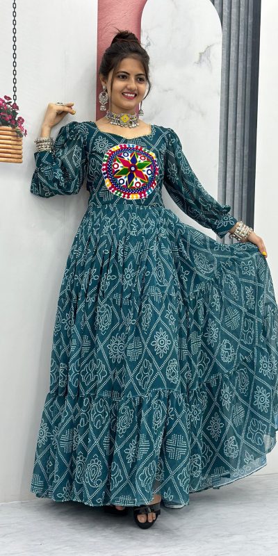 Perfect Green Color Bandhani Printed Gamathi Mirror Work Gown