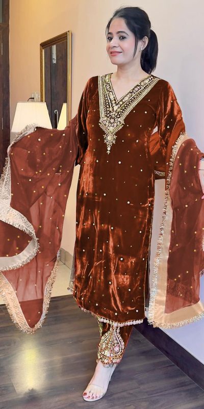 Pretty Brown Color Heavy Pure Viscose Velvet Embroidery Sharara