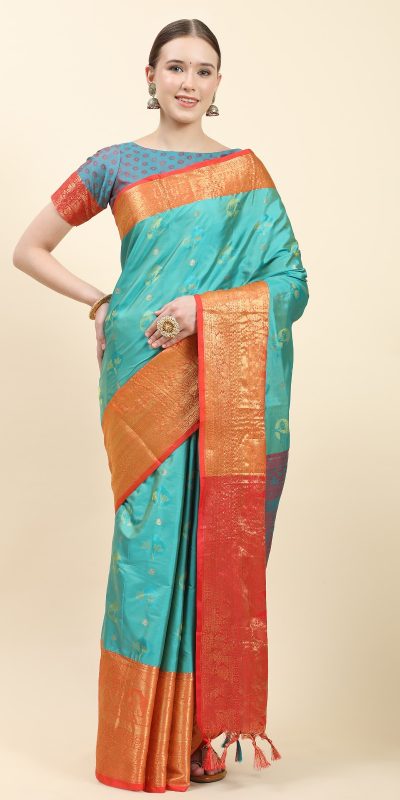 Pretty Firozi Color Soft Kanjivaram Pattu Self Jacquard Saree