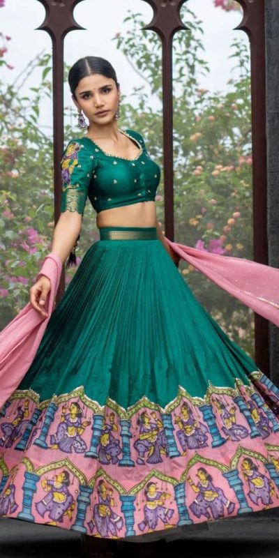Pretty Green Color Pure Chinon Kalamkari Printed Lehenga Choli