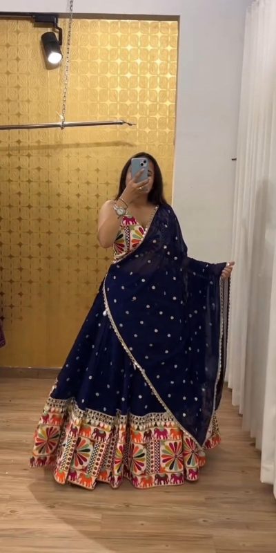 Pure Navy Blue Color Mono Slab Heavy Gamathi Lehenga Choli