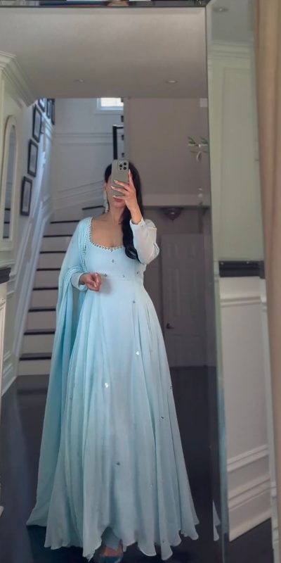 Sightly Sky Blue Color Foix Georgette Real Mirror Salwar Suit