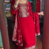 Splendorous Red Color Chinnon Coding Coding Salwar Suit