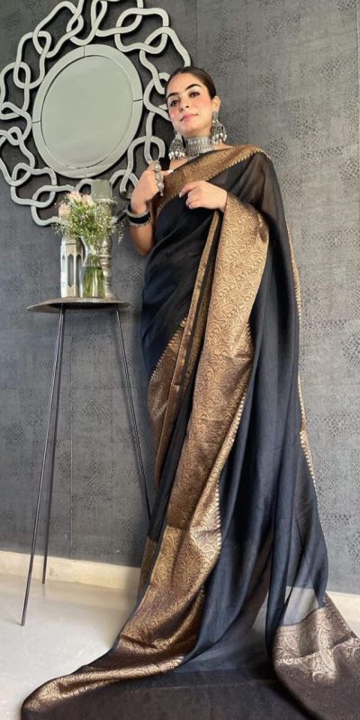 Stylish Black Color Soft Lichi Silk Jacquard All Over Saree