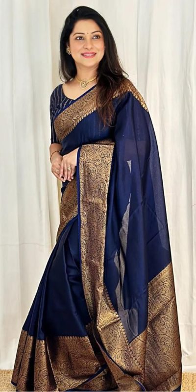 Stylish Navy Blue Color Soft Lichi Silk Jacquard All Over Saree