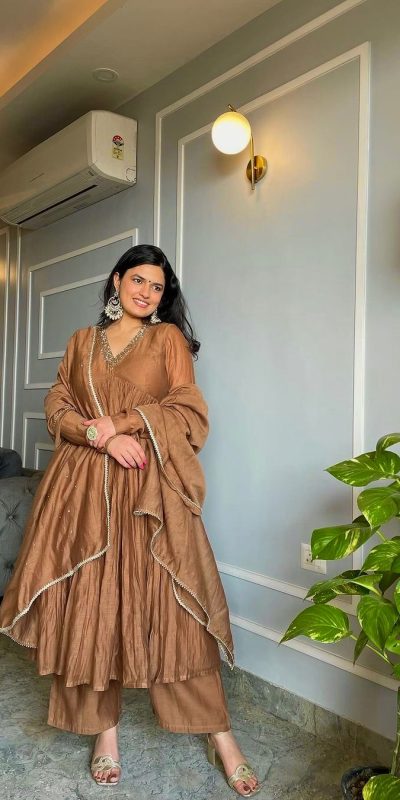 Sublime Brown Color Pure Chinon Silk Embroidery Sharara Suit