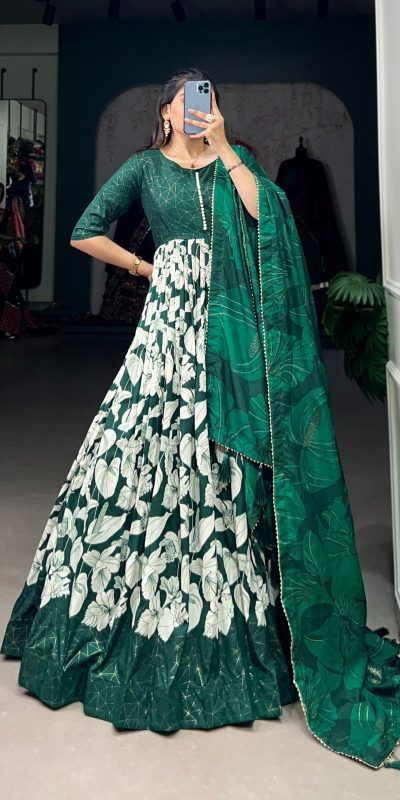 Sublime Green Color Tussar Silk Floral Printed Work Gown