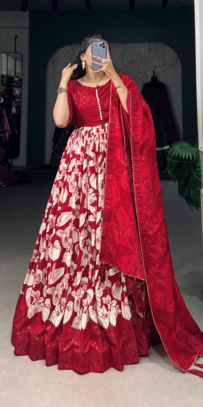 Sublime Red Color Tussar Silk Floral Printed Work Gown