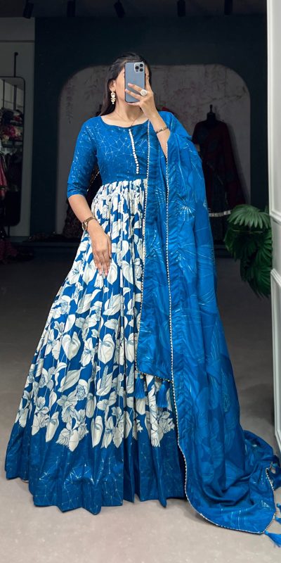Sublime Royal Blue Color Tussar Silk Floral Printed Work Gown