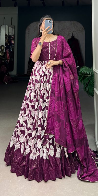 Sublime Wine Color Tussar Silk Floral Printed Work Gown