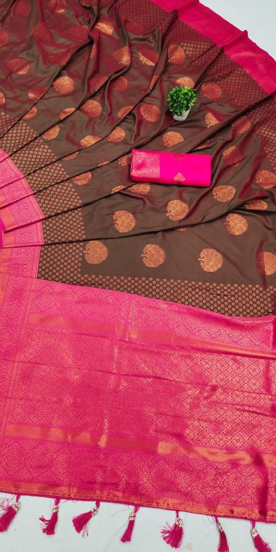 Superb Brown Color Soft Silk Copper Zari Design Saree