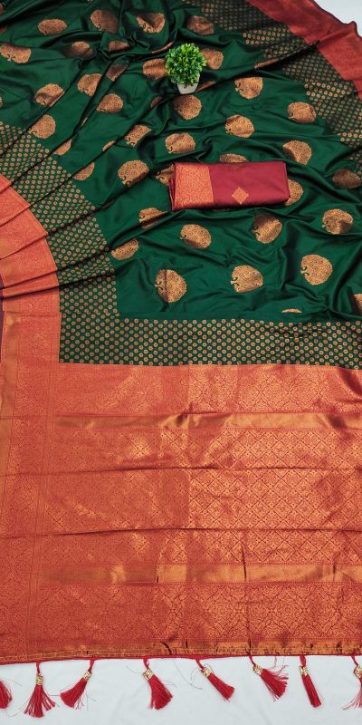 Superb Dark Green Color Soft Silk Copper Zari Design Saree