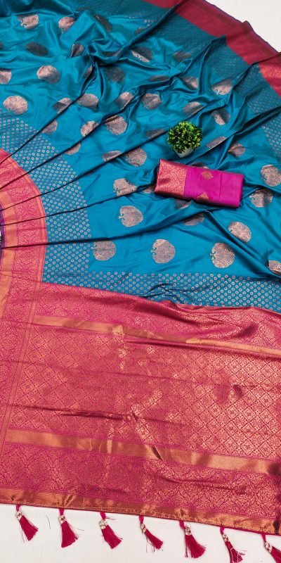 Superb Firozi Color Soft Silk Copper Zari Design Saree