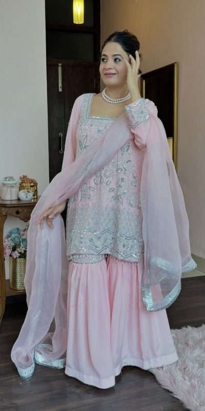 Superb Light Pink Georgette Material Embroidery Salwar Suit