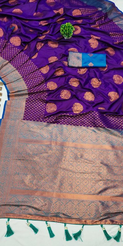 Superb Purple Color Soft Silk Copper Zari Design Saree