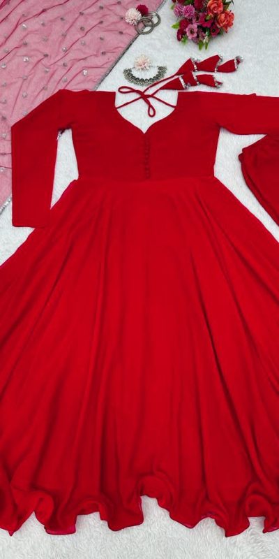 Superb Red Color Faux Georgette Plain Work Anarkali Suite