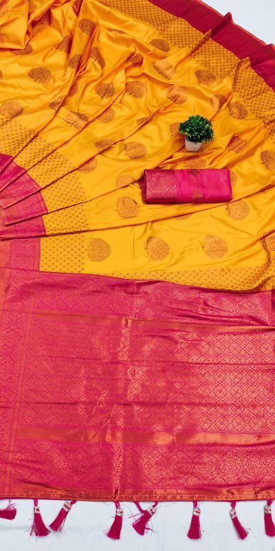 Superb Yellow Color Soft Silk Copper Zari Design Saree