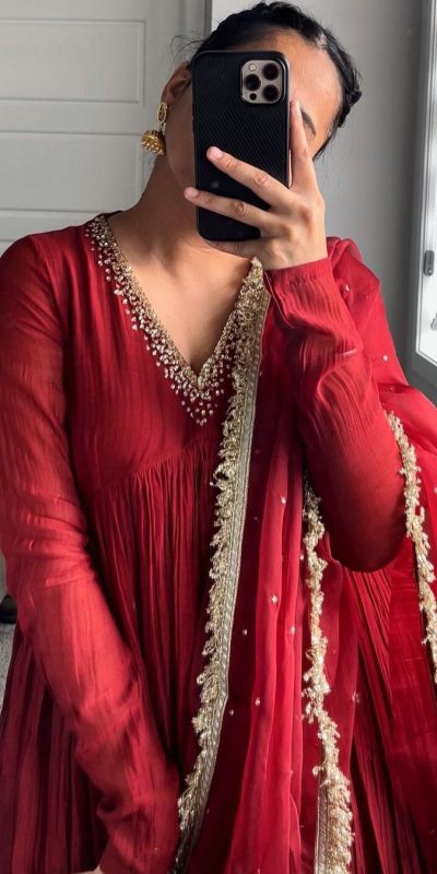 AD 152 Red Color Pure Chinon Silk Embroidery Gown Fancy Full Sleeve Wedding, Party, Festive, Events Etc. Expected Delivery  4-6 Working Days @1799/ | Casual Suits, Jump Suits, Salwar suit, Creative suits, Designer Suits, Palazzo Suits, Party Wear Suits, Patiala Suits, Straight Suits