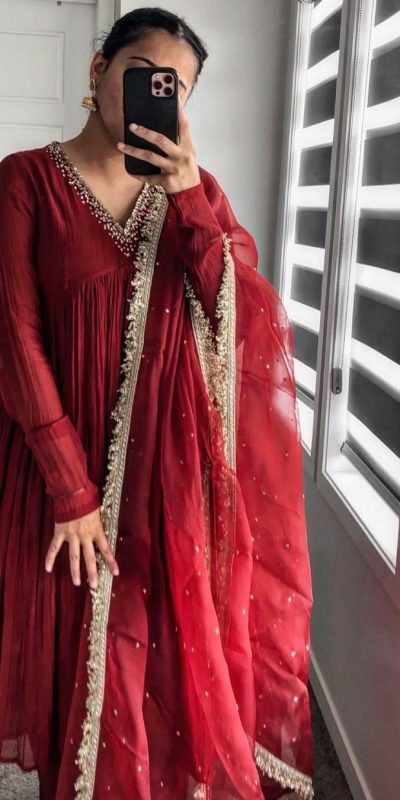 AD 152 Red Color Pure Chinon Silk Embroidery Gown Fancy Full Sleeve Wedding, Party, Festive, Events Etc. Expected Delivery  4-6 Working Days @1799/ | Casual Suits, Jump Suits, Salwar suit, Creative suits, Designer Suits, Palazzo Suits, Party Wear Suits, Patiala Suits, Straight Suits