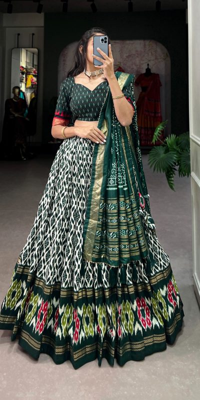 Aglow Green Color Tussar Silk Ikkat Print Foil Work Lehenga Choli