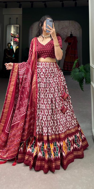 Aglow Maroon Color Tussar Silk Ikkat Print Foil Work Lehenga Choli