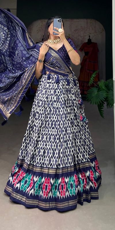 Aglow Navy Blue Color Tussar Silk Ikkat Print Foil Work Lehenga Choli