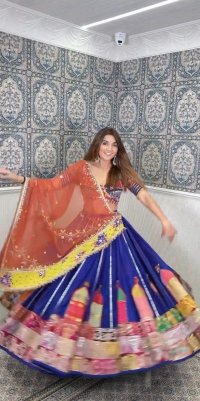 Nice Navy Blue Color Reyon Digital Printed Patti Work Lehenga