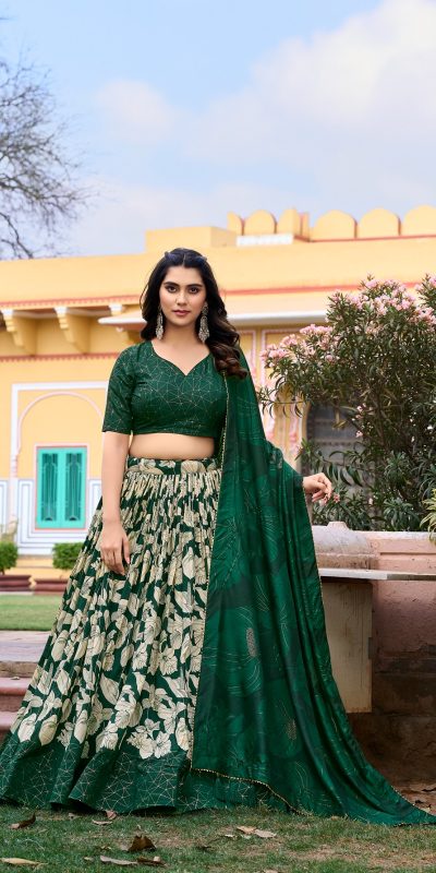 Pretty Green Color Tussar Silk Floral & Foil Printed Lehenga Choli