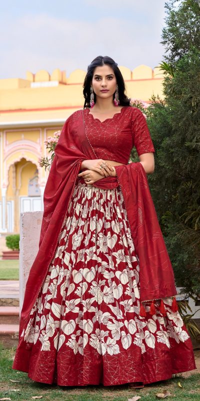Pretty Red Color Tussar Silk Floral & Foil Printed Lehenga Choli