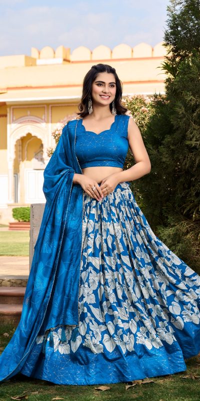 Pretty Royal Blue Color Tussar Silk Floral & Foil Printed Lehenga Choli