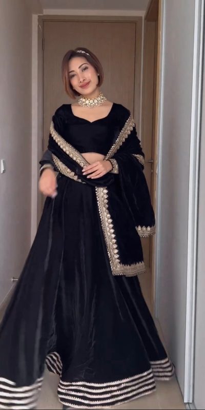 Blackberry Black Color Velvet Embroidery Sequence Straight Suit