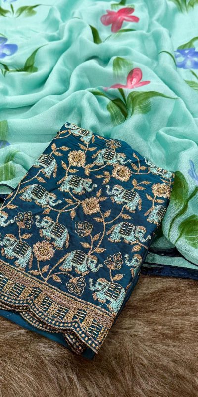 Complex Sky Blue Color Georgette Embroidery Sequence Saree