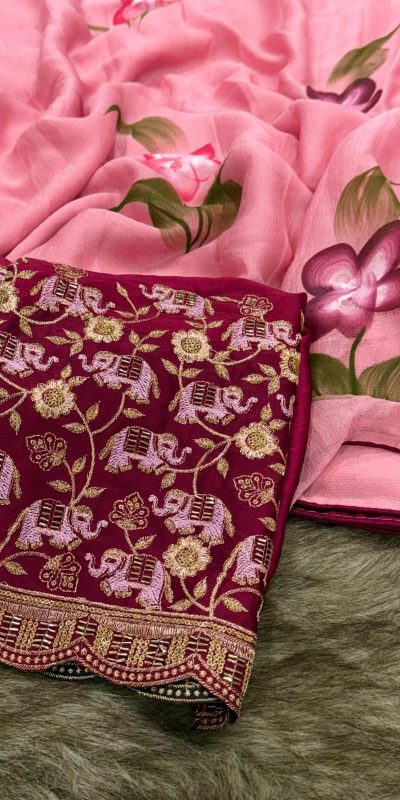 Dazzling Pink Color Georgette Embroidery Sequence Saree