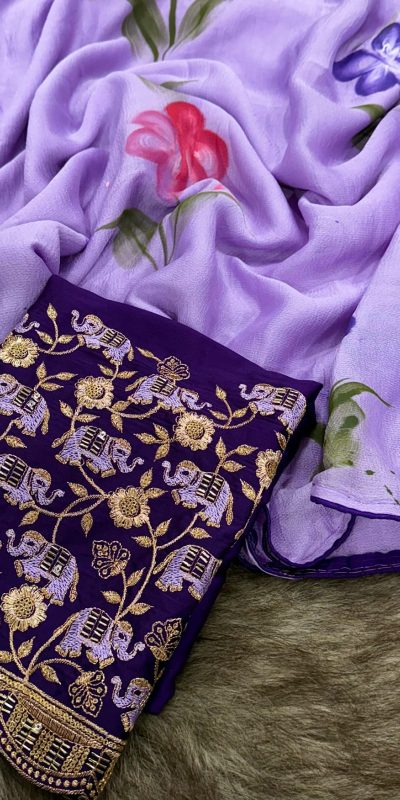 Exciting Purple Color Georgette Embroidery Sequence Saree