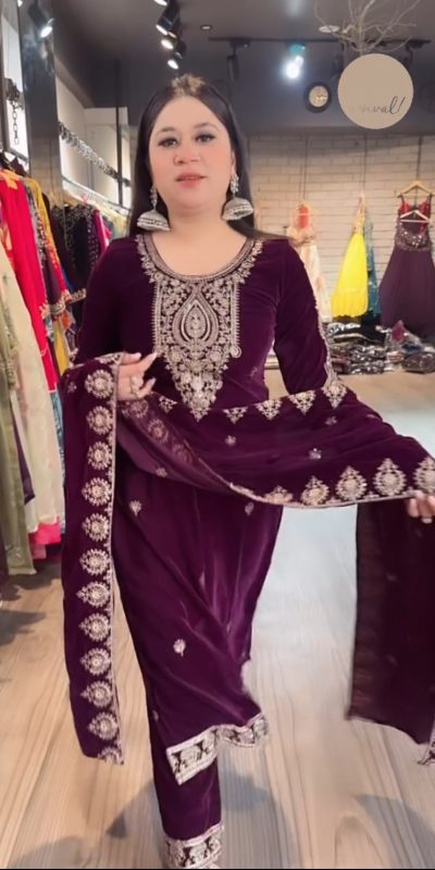 Fancy Purple Pure Heavy Viscose Velvet Heavy Embroidery Sequence Straight Suit