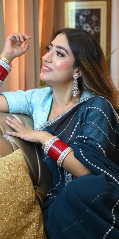 Glow Boosting Navy Blue Color Georgette With Embroidery Work Saree