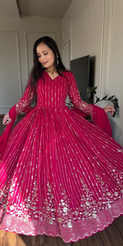 Magical Pink Color Fox Georgette sequence Embroidery Work With Gown