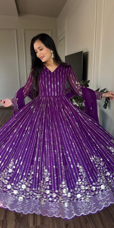 Women's Purple Color Fox Georgette sequence Embroidery Work With Gown